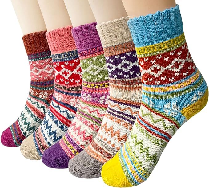 Justay 5 Pairs Winter Womens Wool Socks Vintage Warm Socks Thick Cozy Socks Knit Casual Crew Sock... | Amazon (US)