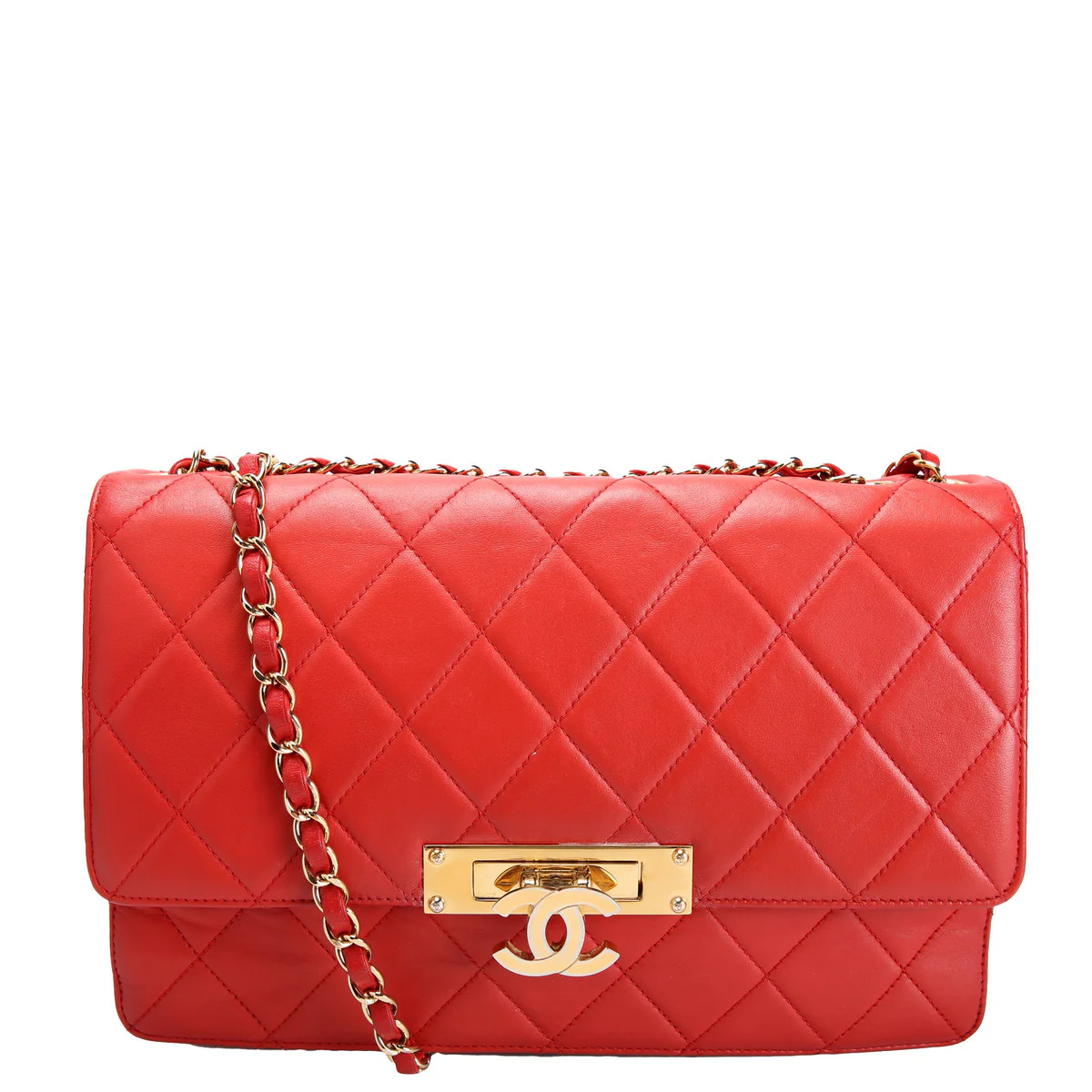 Golden Class Large Flap Bag Quilted Lambskin 19M Red | Keeks Designer Handbags