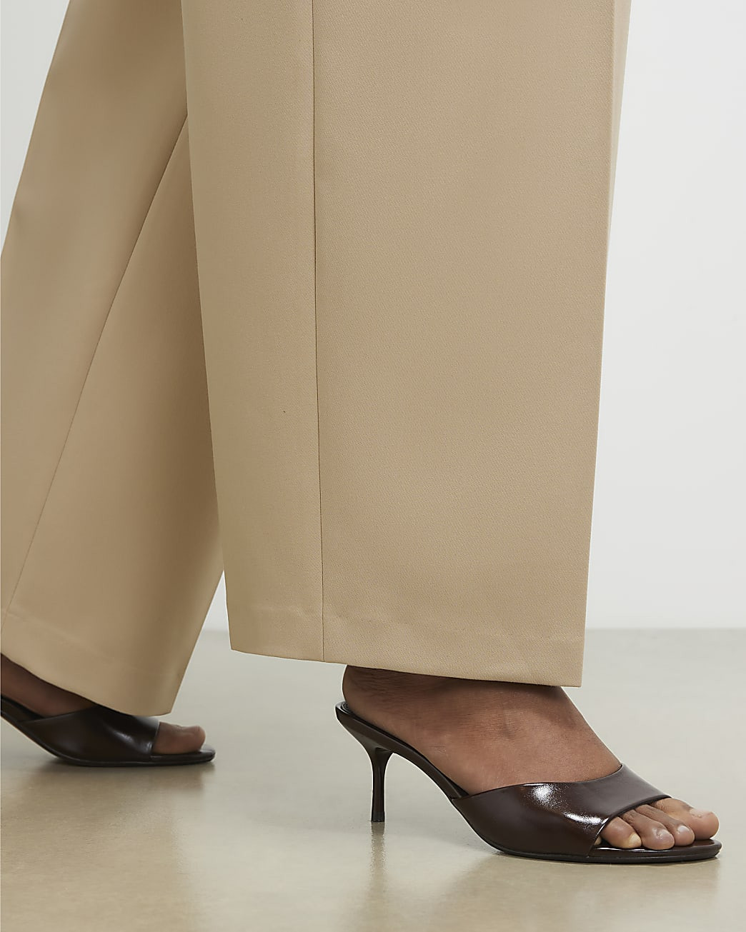 Brown Wide Fit Faux Leather Mule Kitten Heels | River Island UK & IE