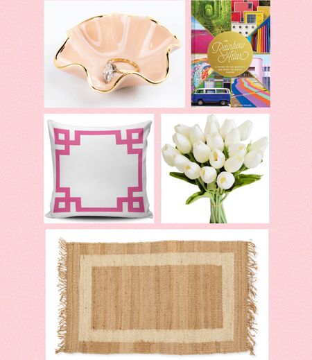 Spring entry refresh with a jute rug, Greek key pillow, faux tulips, a bright decor coffee table book, and a ring dish  

#LTKsalealert #LTKhome #LTKFind