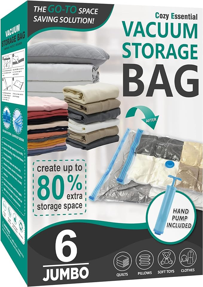 6 Jumbo Vacuum Storage Bags, Space Saver Bags Compression Storage Bags for Comforters and Blanket... | Amazon (US)