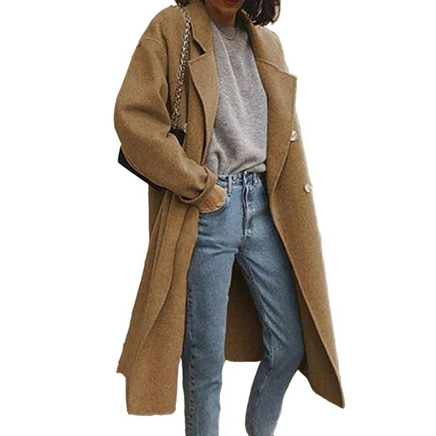 Women Woolen double-breasted Trench Coat Long Sleeve Pea Coat Open Front Long Jacket Overcoat Out... | Walmart (US)