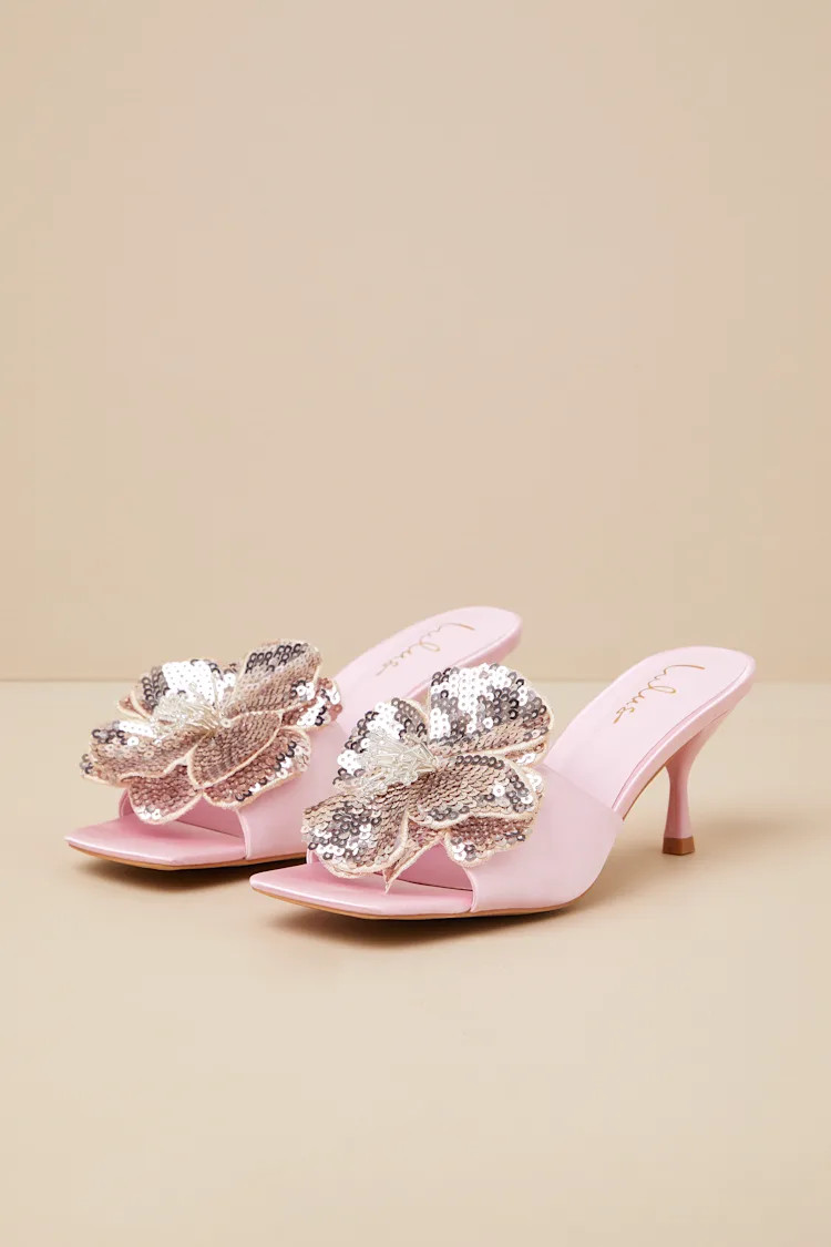 Lumena Baby Pink Satin Flower High Heel Slide Sandals | Lulus