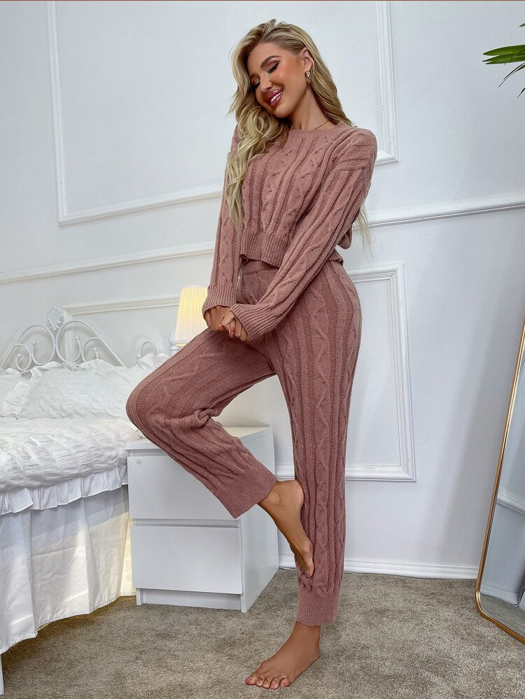 Drop Shoulder Cable Knit Lounge Set | SHEIN