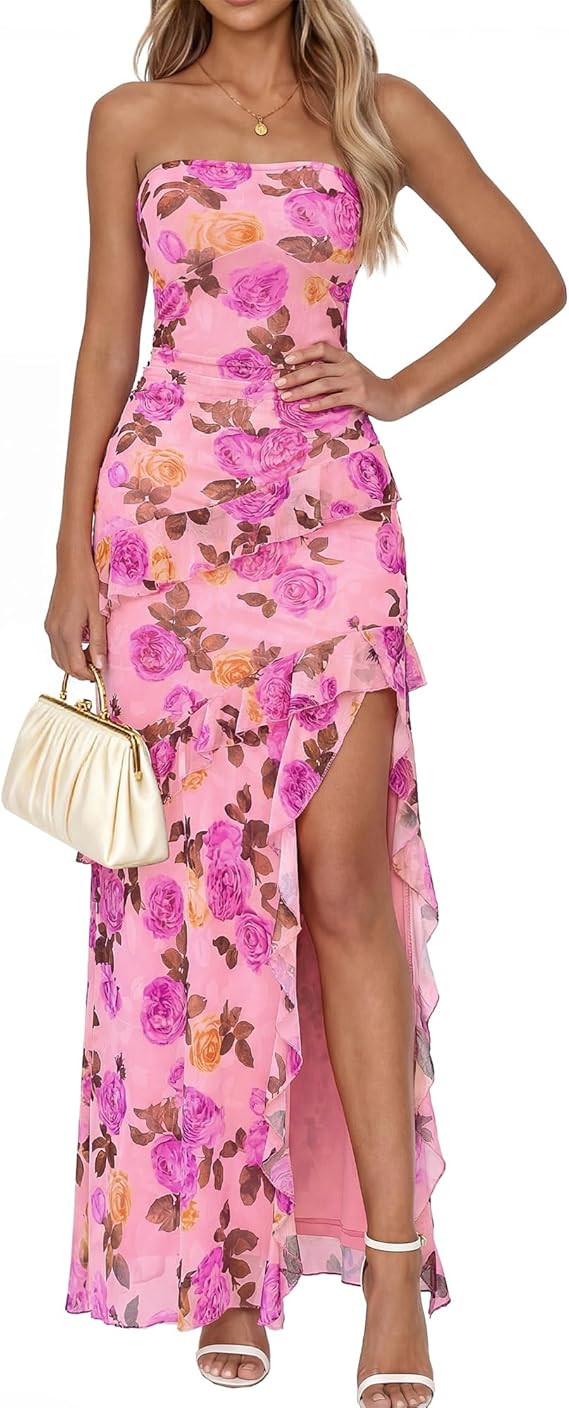 BTFBM Off The Shoulder Dresses for Women Summer 2026 Strapless Ruffle Sundress Slit Formal Cockta... | Amazon (US)