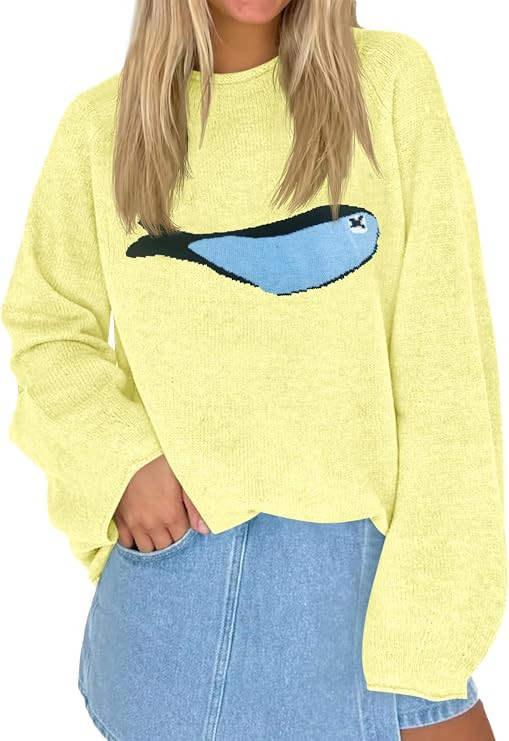 Tankaneo Womens Oversized Sweaters Fish Graphic Chunky Knit Pullover Tops | Crew Neck, Long Sleev... | Amazon (US)