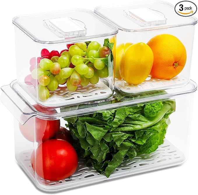 Fridge Storage Containers Produce Saver Stackable Refrigerator Organizer Bins with Removable Drai... | Amazon (US)