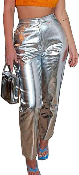 Cresay Women's Faux Leather Metallic High Waist Pants Straight Wide Leg Pants Punk Trousers | Amazon (US)