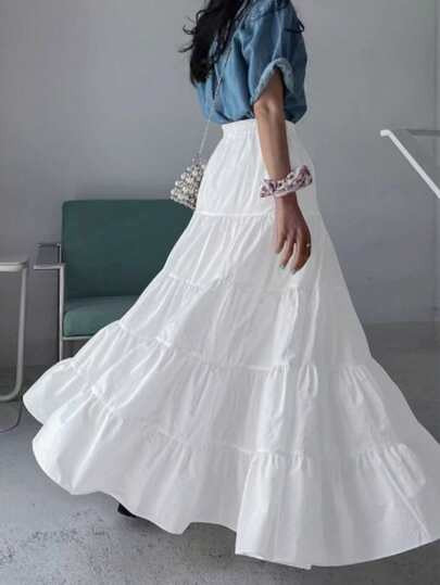 EARO Women's Solid Color Minimalist Casual Commute Versatile Multi-Layer Pleated High Waist Skirt... | SHEIN