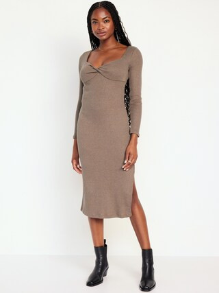 Fitted Twist-Front Rib-Knit Midi Dress for Women | Old Navy (US)