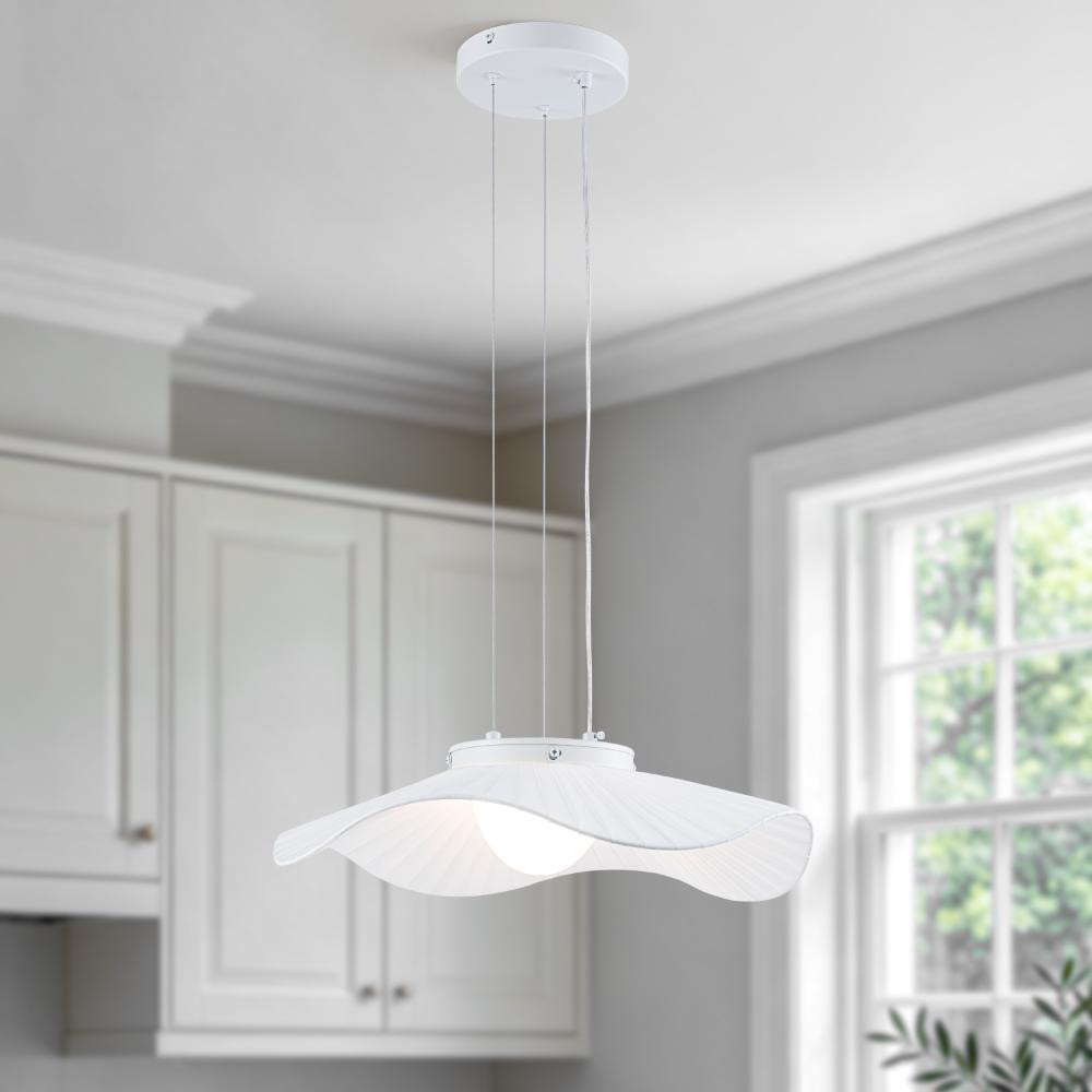 Modern Statement White Fabric Pendant Light, Sculptural 2700K LED Hanging Fixture with Wave Shade for Dining Room | The Home Depot