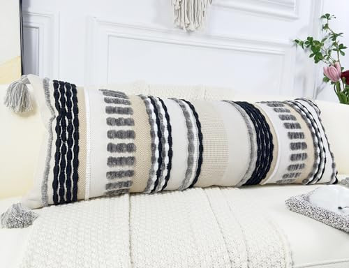 NUYECY Chenille and Cotton Long Pillow for Bed, Striped Textured Boho Lumbar Throw Pillow Cover 16x36, Neutral Accent Decorative Extra Long Body Pillow Case for Couch, Sofa, Bedroom, Grey | Amazon (US)