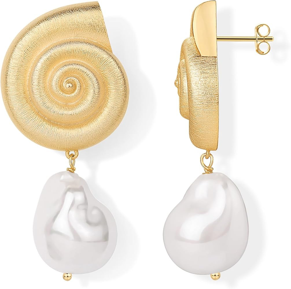 PAVOI 14K Gold Plated Sterling Silver Posts Seashell Statement Earrings for Women | Cubic Zirconi... | Amazon (US)