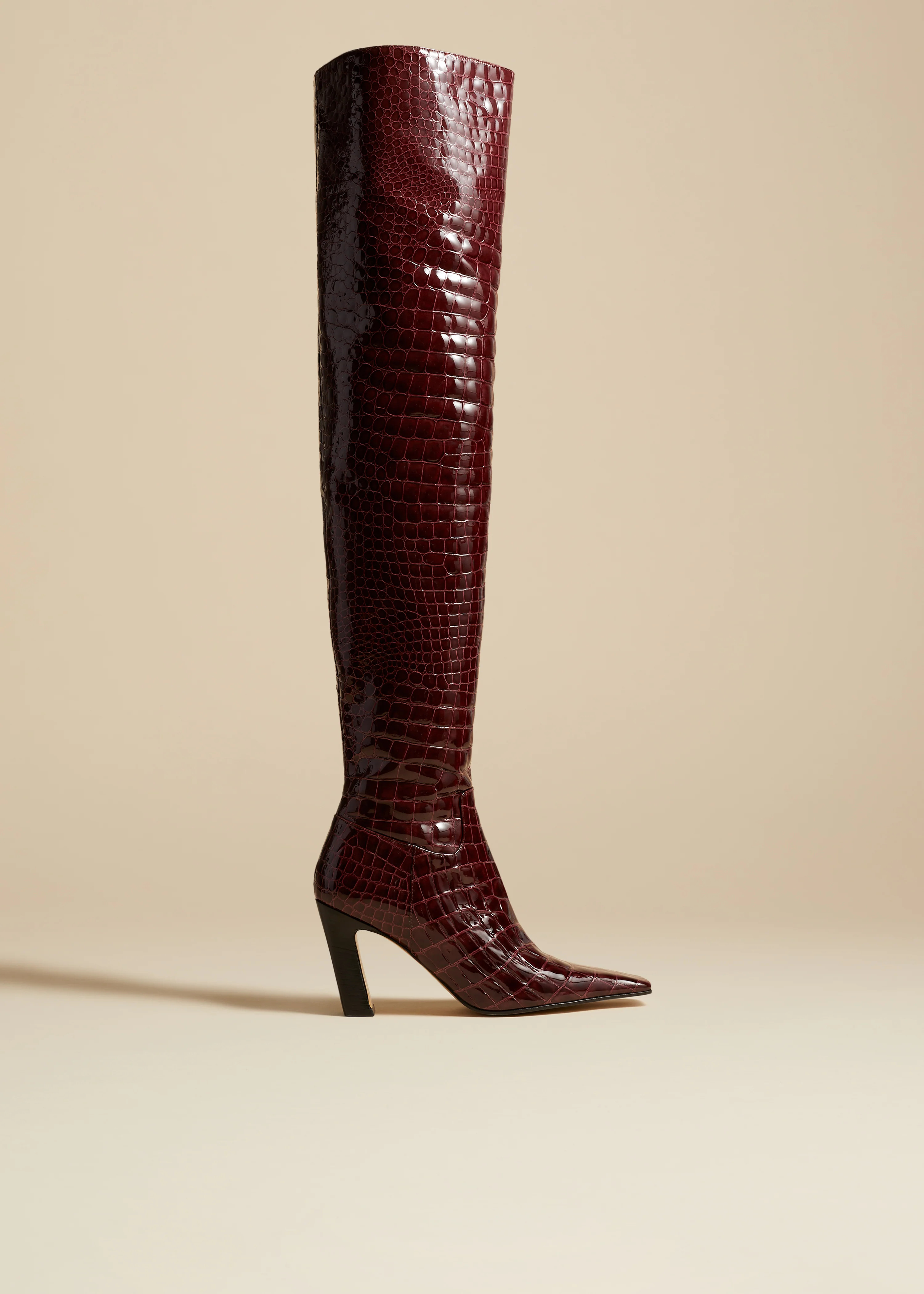 KHAITE - The Marfa Over-The-Knee-High Boot In Bordeaux Croc-Embossed Leather Jo | Khaite