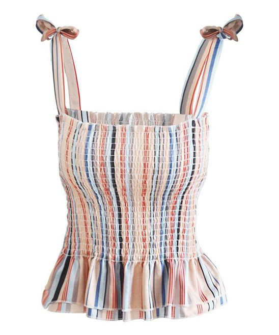 Yokodea Women's Tank Tops Coffee - Coffee Stripe Smocked Ruffle-Hem Tank - Women | Zulily