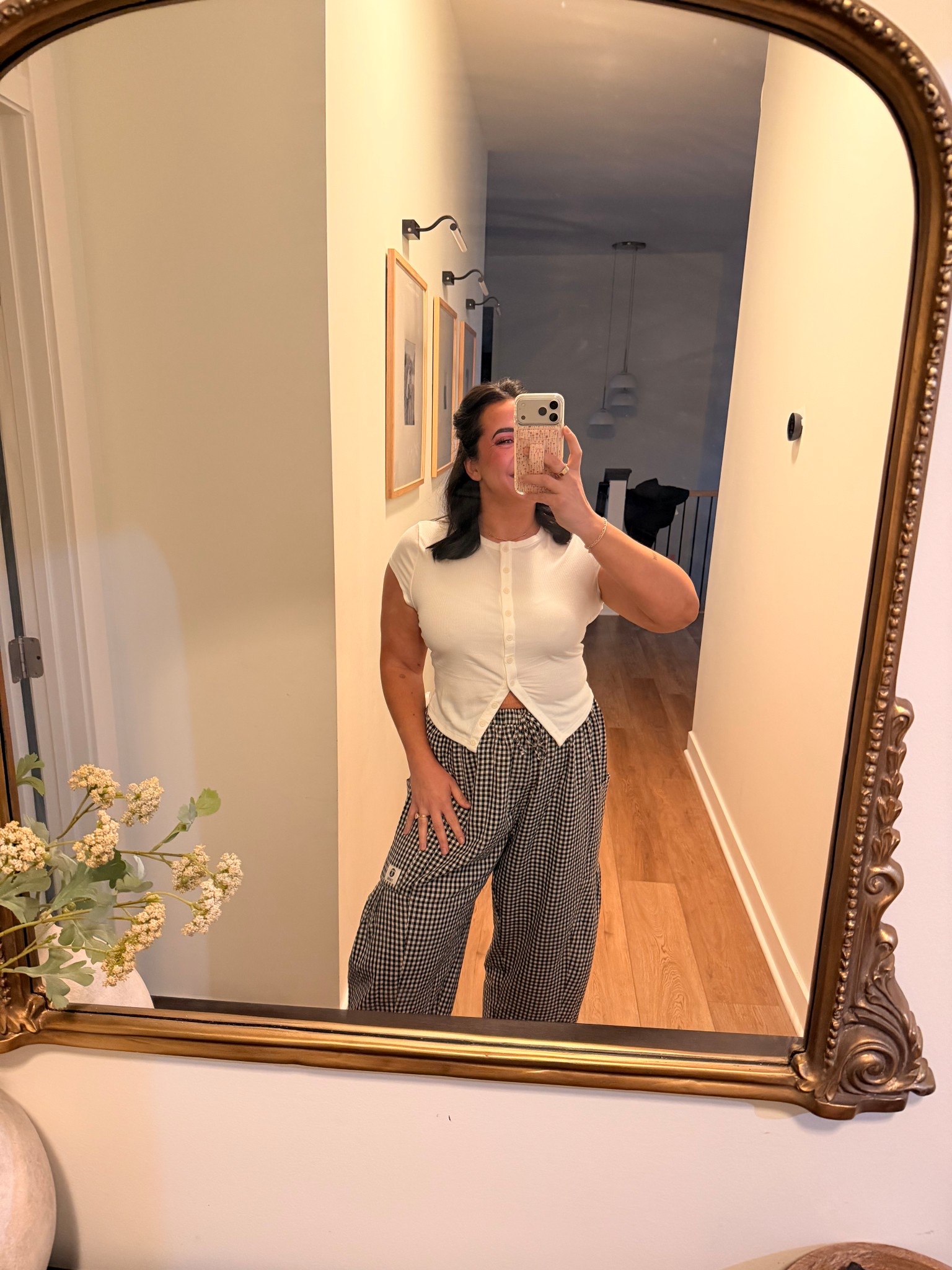Comfy, easy spring outfit! Fun pants come in many colors. Size down, they’re big! I do a medium. Top size L, functional buttons. 

#LTKmomlife #LTKMidsize #LTKootd