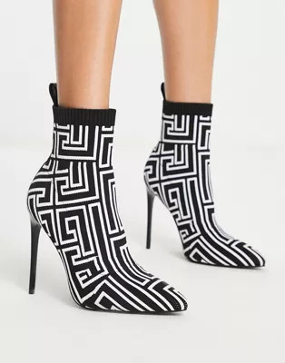 Simmi London Anusha stiletto heel sock boots in mono print | ASOS (Global)