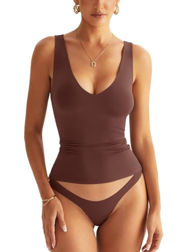EasyGala Womens V Neck Tank Tops Sleeveless Double Lined Basic Tops Slim Fit Summer Shirts 2025 Brown | Amazon (US)