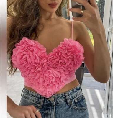 ZARA NWT WOMAN SS24 VOLUMINOUS HEART CROP TOP PINK SMALL | eBay US