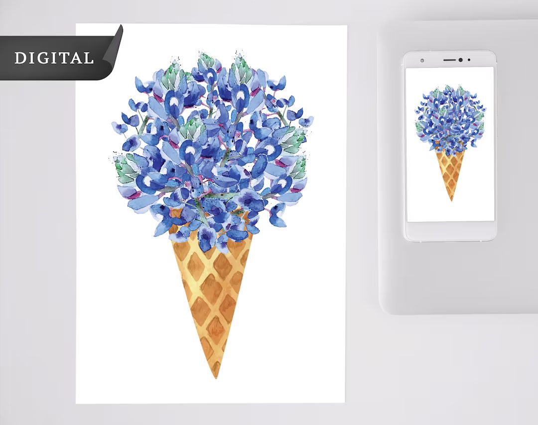 Printable Watercolor Bluebonnet Ice Cream, Texas Flower Digital Illustration, Floral Wall Art, In... | Etsy (US)