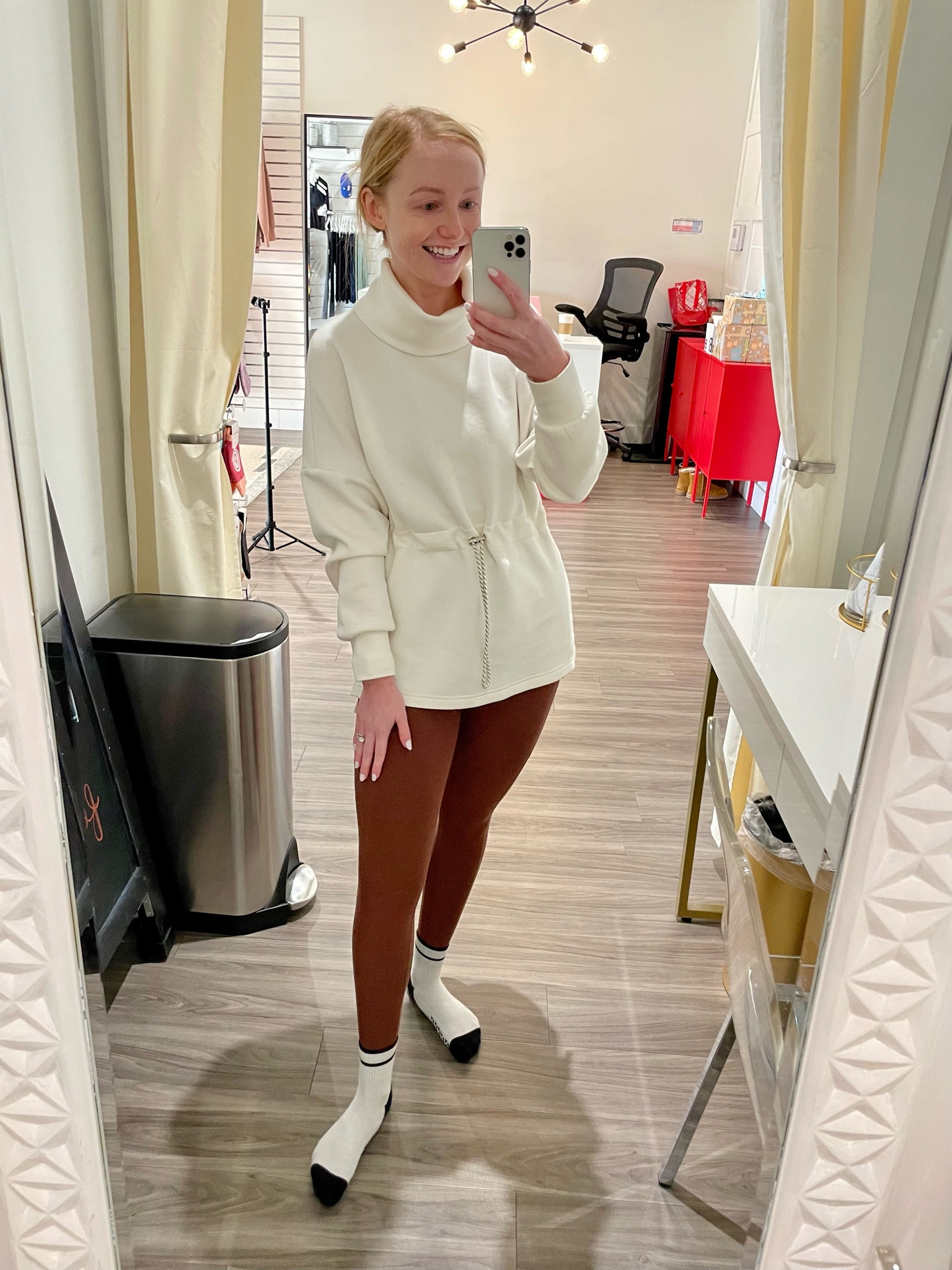 Wearing an XS in top and sweatshirt, S in leggings | barre outfit, workout outfit, gym
Outfit, activewear, brown leggings, matching set 

#LTKSeasonal #LTKActive #LTKFitness