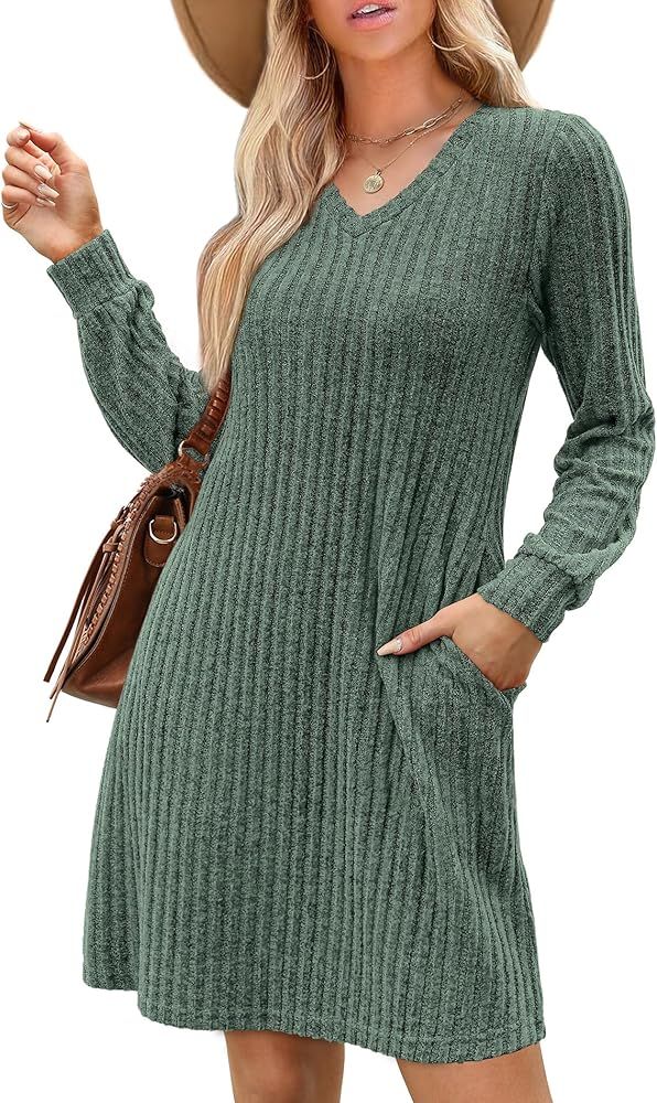 SAMPEEL Womens V Neck Fall Dresses Long Sleeve Casual Sweater Short Dress Fashion Clothes | Amazon (US)