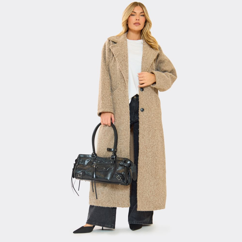 Belted Detail Longline Tailored Coat In Light Brown Wool | EGO (UK)