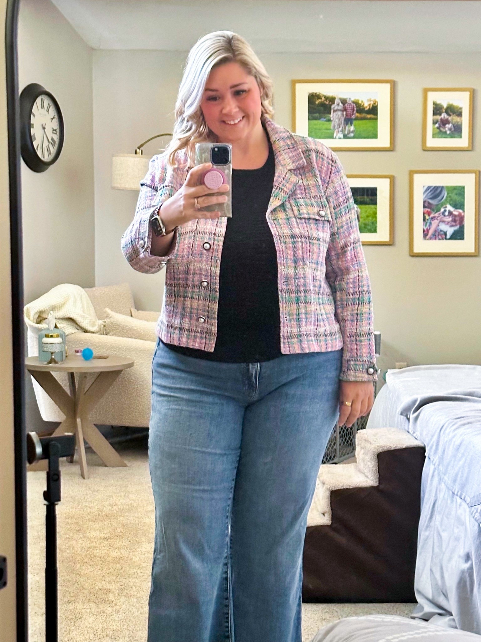 I knew I had to add this jacket to my wardrobe because I’m in need of some more romantic leaning clothing. It is absolute perfection. Unfortunately, it is sold out nearly everywhere but will try to link what I can for you. I love these jeans and this shell, too. What a mood boost today via my outfit!

#LTKMidsize #LTKSummerEdit #LTKPlusSize