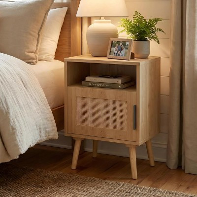 FurnitureR Natural Wood Look MDF Nightstand with Cane Door, Bedside Table with Open Shelf and Storage Cabinet, Tapered Legs for Bedroom | Target