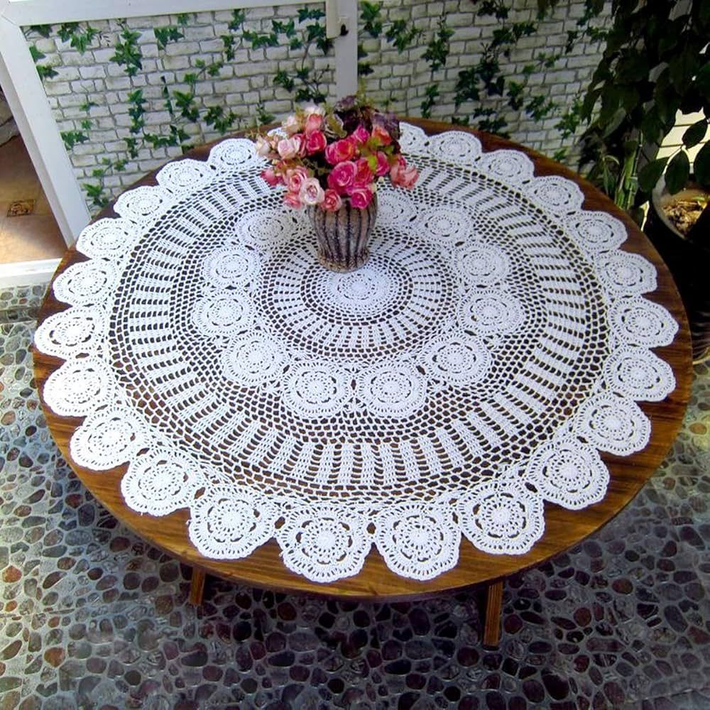 White Cotton Handmade Crochet Lace Tablecloth Doilies Table Overlay,Round,43 Inch | Amazon (US)