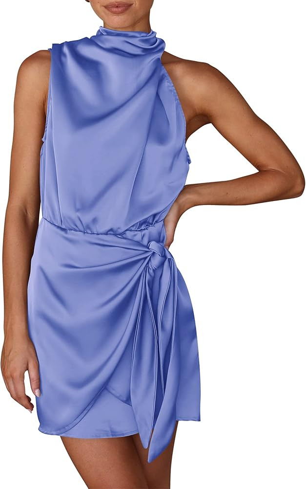 PRETTYGARDEN Women's Short Formal Satin Dress Summer Sleeveless Mock Neck Tie Waist Cocktail Part... | Amazon (US)