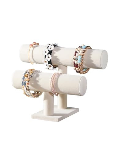 NobleKey T-Bar Bracelet Holder Stand, Bracelet Jewelry Organizer Stand, Bangle Bracelet Watch Display for Selling, Scrunchie Hair Ties Jewelry Storage Rack for Women (2 tier beige) | Amazon (US)