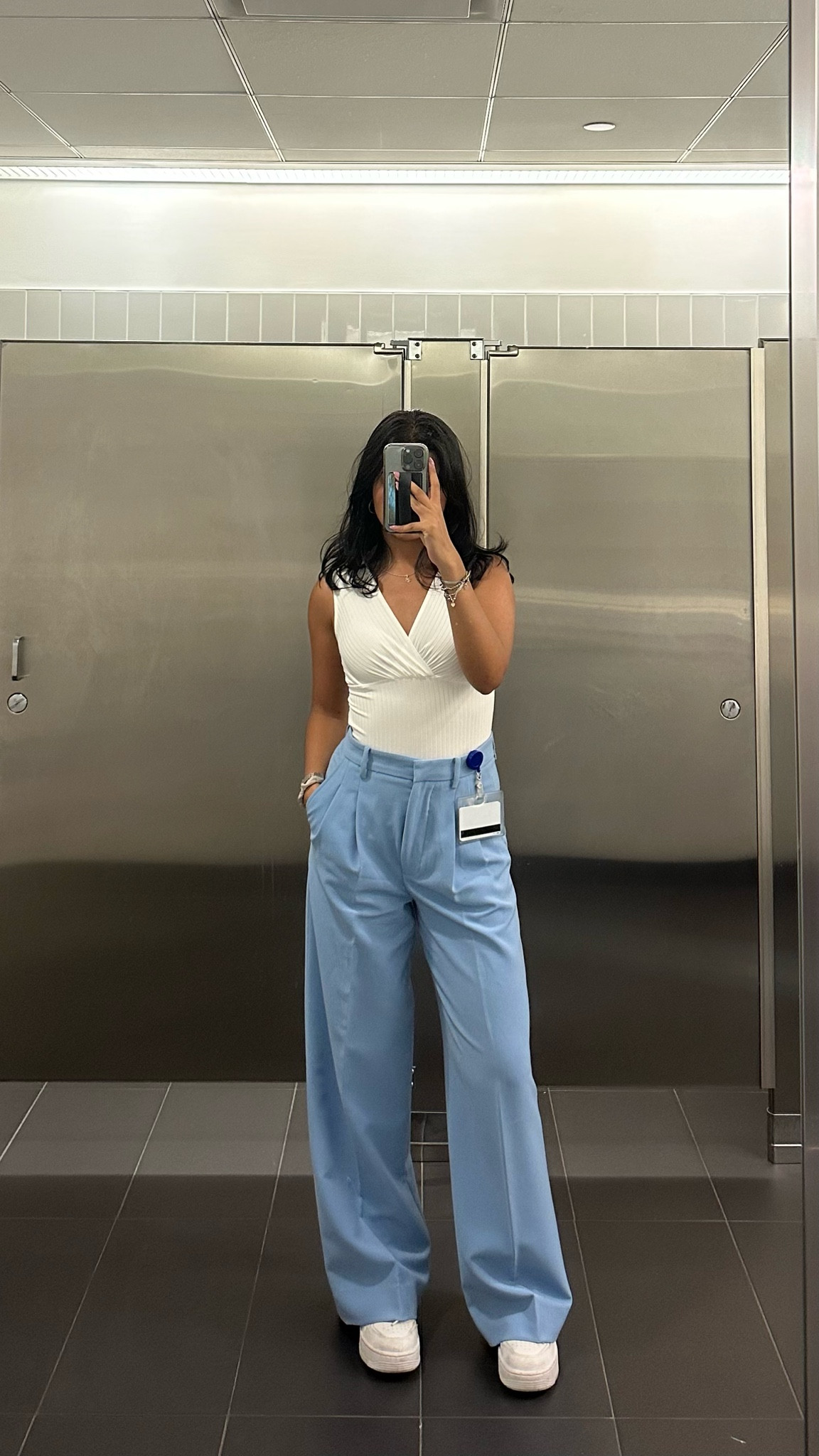 business casual outfit | light blue trousers, white bodysuit, white sneakers 

#LTKstyletip #LTKworkwear