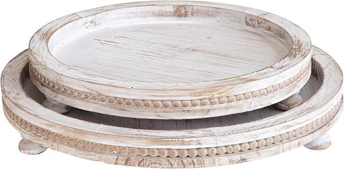 2 Piece Whitewashed Wooden Serving Tray Set with Beaded Design, Farmhouse Centerpiece Table Decor... | Amazon (US)