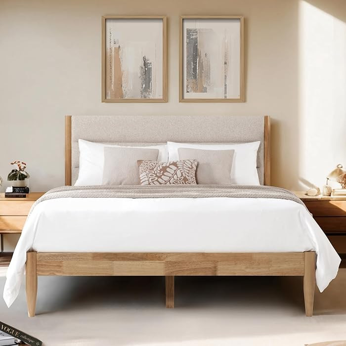 KISLOT Wood Bed Frame with Upholstered Headboard Wooden Platform with Silent Slat Support Mattres... | Amazon (US)