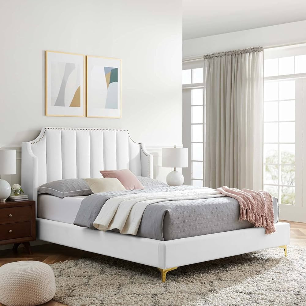 Modway MOD-6412-WHI Daniella Performance Velvet Queen Platform Bed, White | Amazon (US)