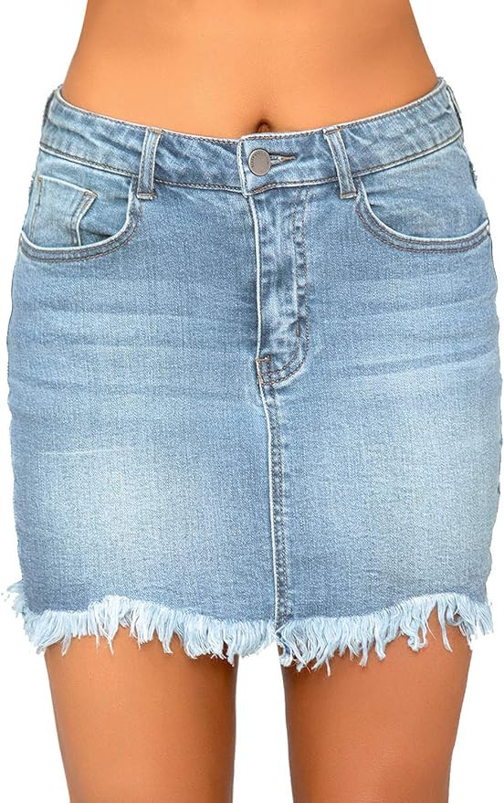 luvamia Women's Casual Mid Waisted Washed Frayed Pockets Denim Jean Short Skirt | Amazon (US)