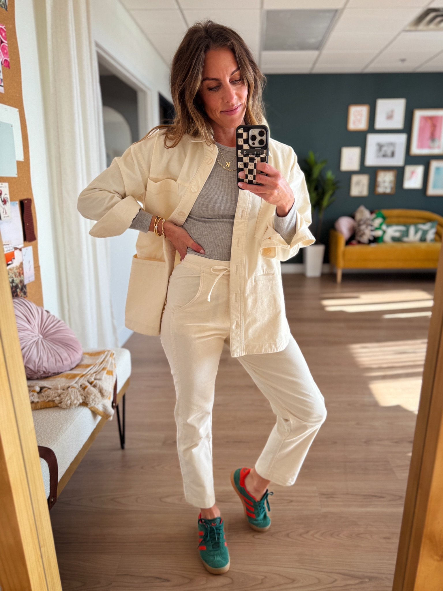 Shirt, shacket, and pants - all size Xs. 
.
Sneakers fit TTS 