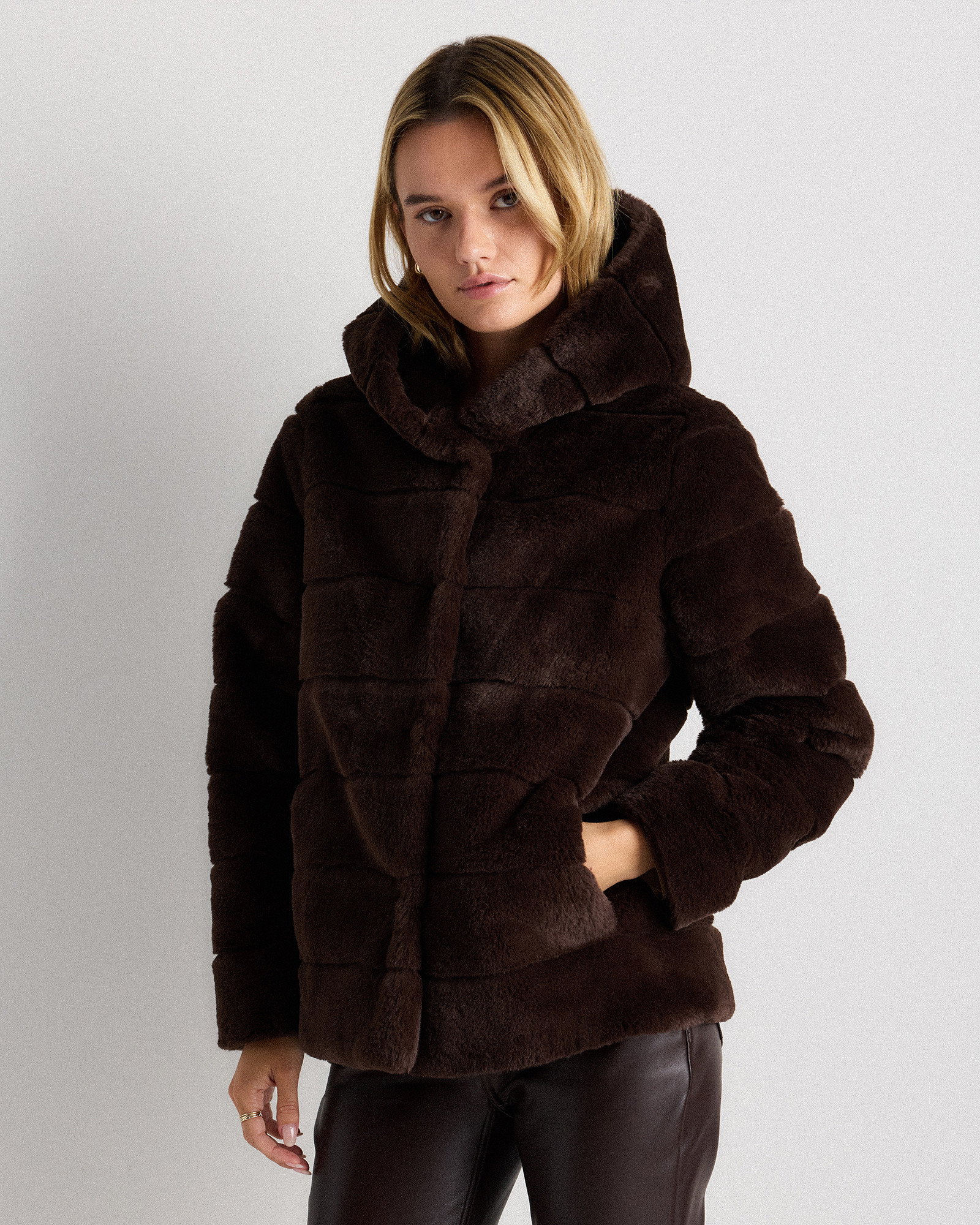 Hooded Faux Fur Jacket in Coffee Bean Brown | Quince