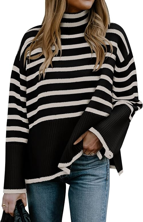 Gyrans Women's Long Sleeve Striped Sweater Turtleneck Casual Loose Side Split Ribbed Knit Pullover J | Amazon (US)