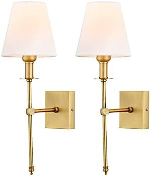 Bsmathom Wall Sconces Sets of 2, Brushed Brass Sconces Wall Lighting with Fabric Shade, Column Stand | Amazon (US)