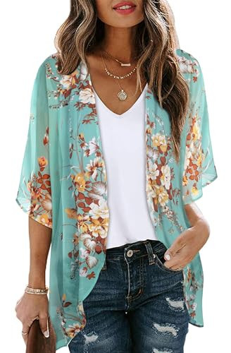 Womens Kimonos Bathingsuit Cover Ups Floral Cardigan 3/4 Sleeves Shrug Summer Tops Resortwear(Aqua Blue,L) | Amazon (US)