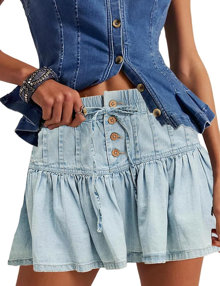 Women's Denim Skirt High Waist Stretch Jean Skort Casual Button Mini Skirt with Pockets for Summe... | Amazon (US)
