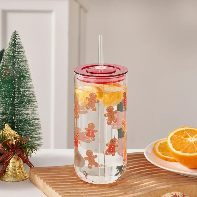 Holiday Time Glass 20oz Can Sipper Gingerbread Man with Lid | Walmart (US)
