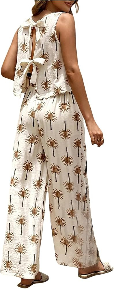 WDIRARA Women's 2 Piece Pants Outfits Bow Knot Back Tank Top Pants Set Summer Vacation Outfits | Amazon (US)