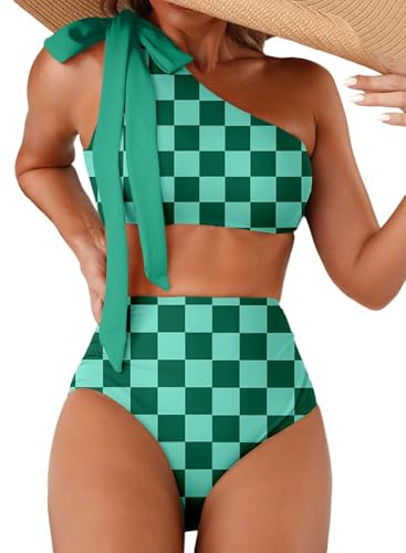 Herseas Women's One Shoulder Bikini Sets High Rise Two Piece Cut Out Back Bathing Suit Ruched Cute Resort Wear Tummy Control Swimsuits 2026 Summer Beach Essentials Green Checkered Small | Amazon (US)