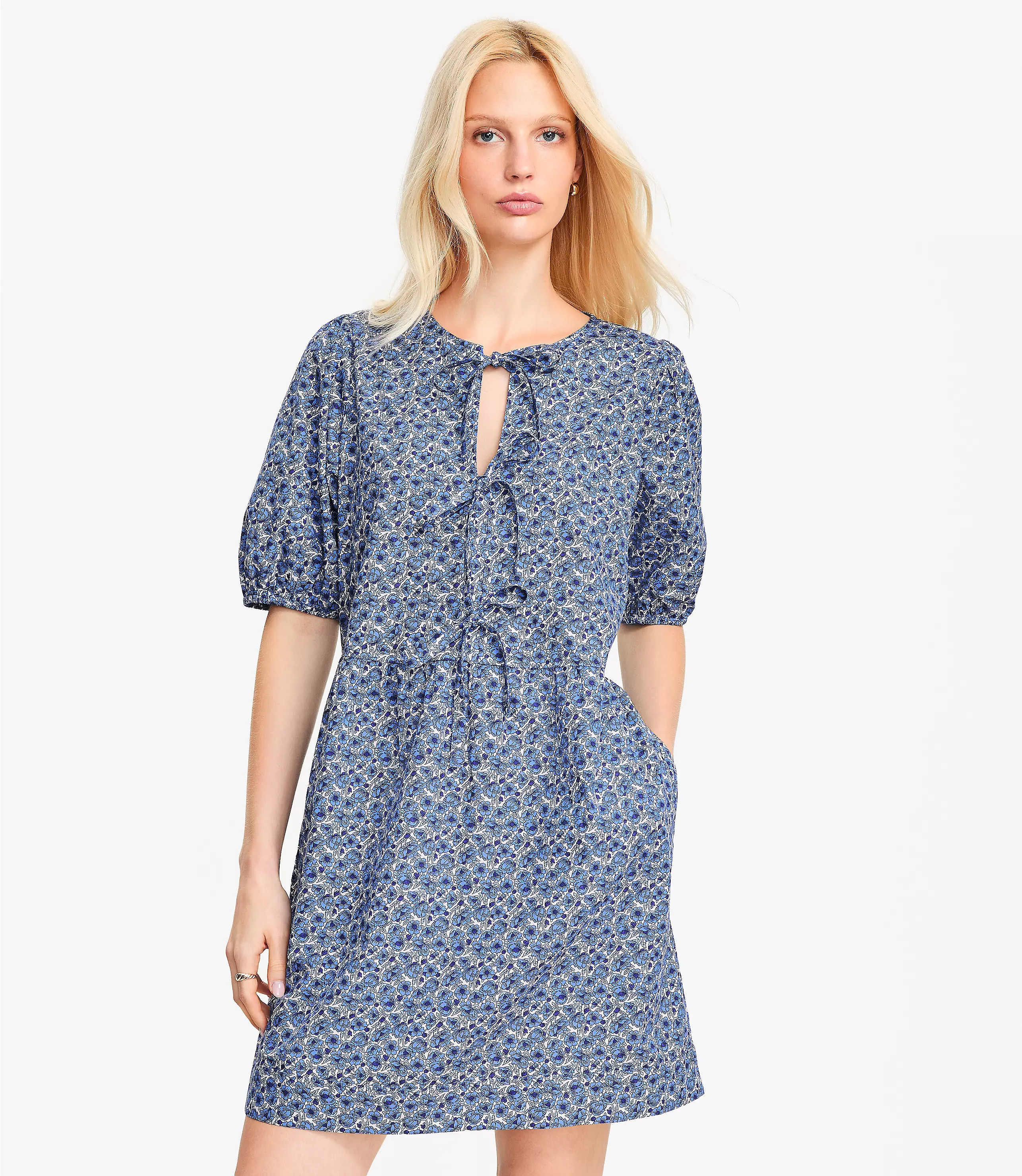Floral Poplin Bow Mini Pocket Dress | LOFT