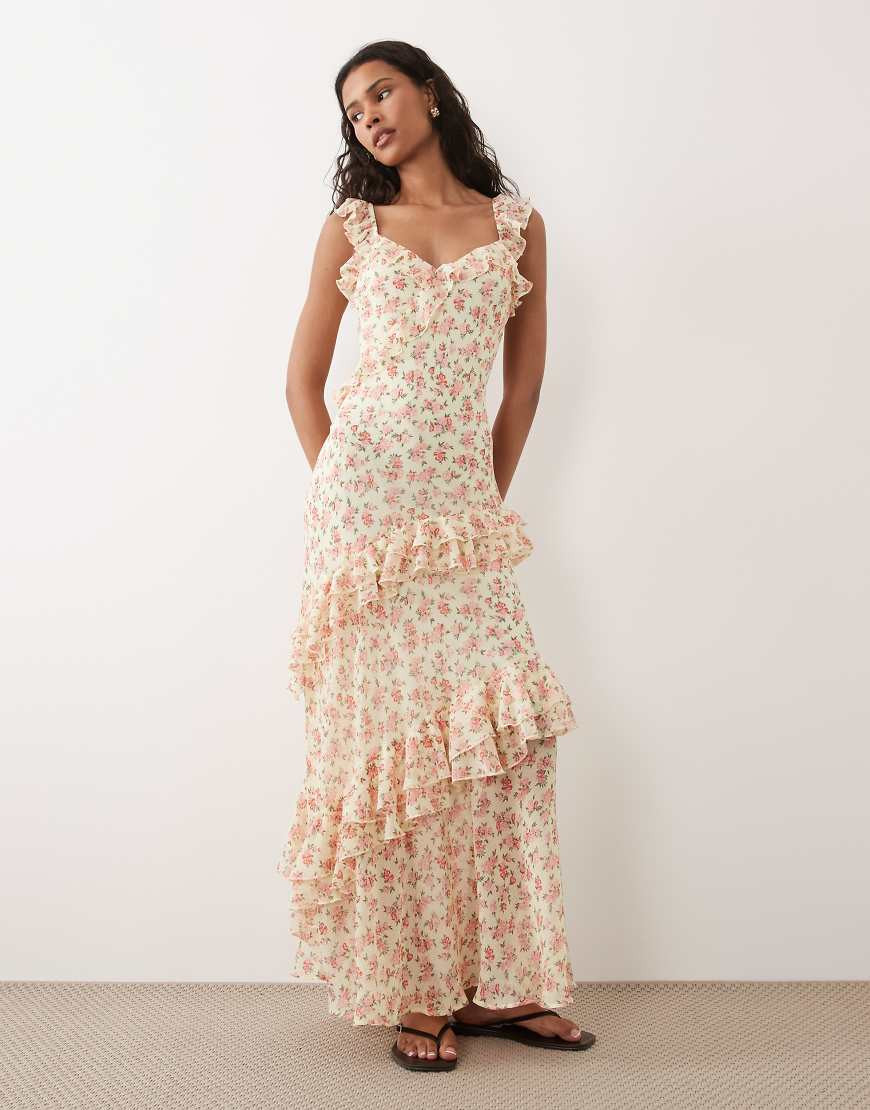 New Look floral bouquet print ruffle maxi dress in yellow | ASOS (Global)