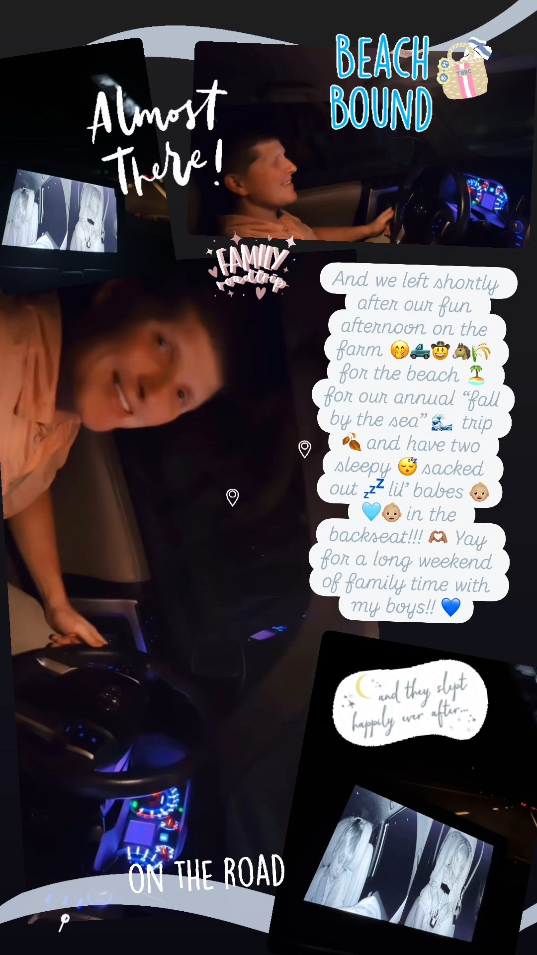 And we left shortly after our fun afternoon on the farm 🤭🛻🤠🐴🌾 for the beach 🏝️ for our annual “fall by the sea” 🌊  trip 🍂 and have two sleepy 😴 sacked out 💤 lil’ babes 👶🏼🩵👶🏼 in the backseat!!! 🫶🏽 Yay for a long weekend of family time with my boys!! 💙