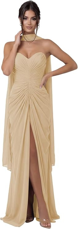Strapless Prom Dress 2026 for Women Mermaid Chiffon Formal Dresses with Scarf Ruched Evening Gown... | Amazon (US)